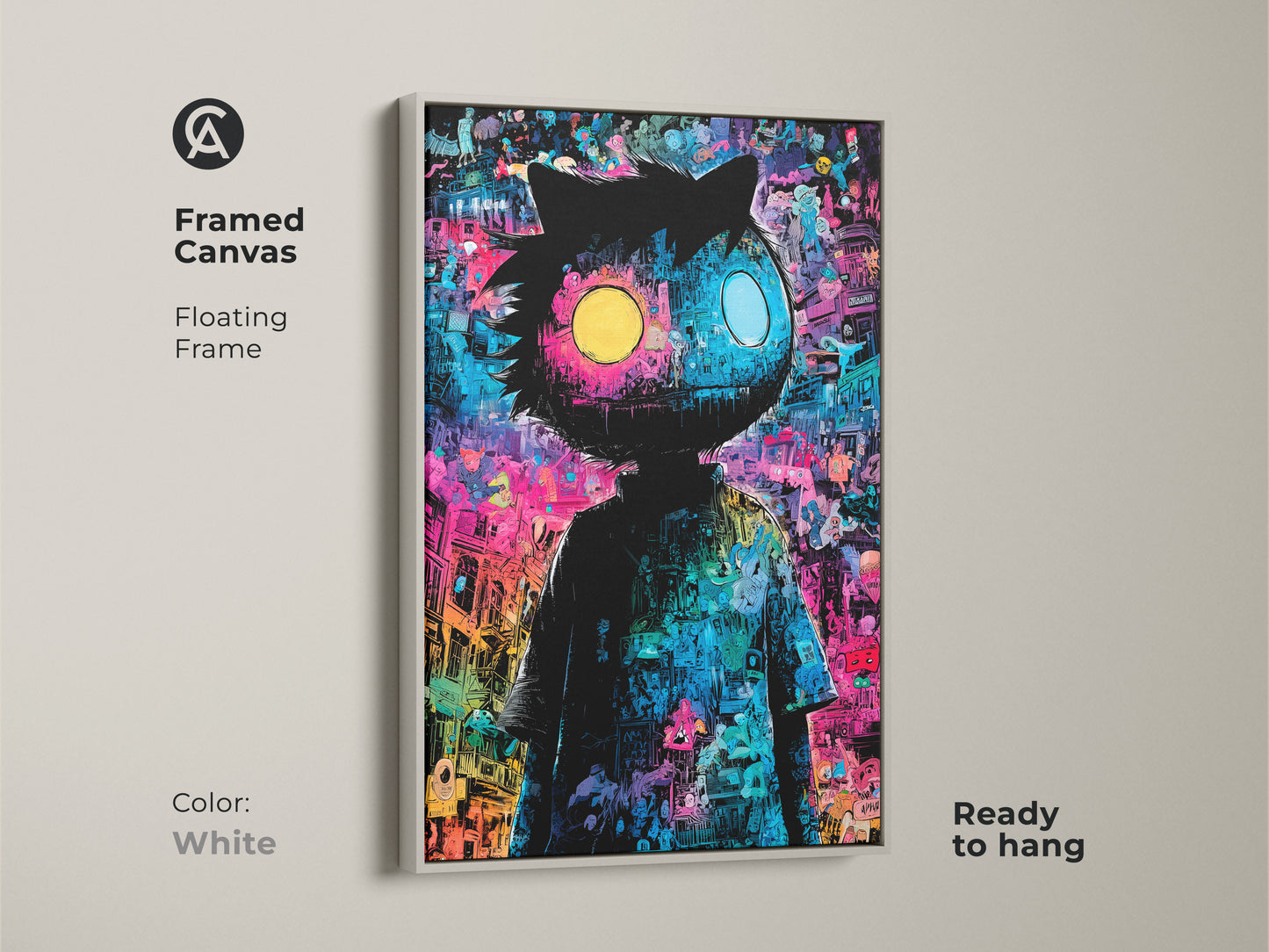 Framed canvas art showcasing a whimsical character with mismatched eyes. The floating frame in white enhances the artwork's appeal. It is ready to hang to bring playful sophistication to any room. A perfect piece for collectors.