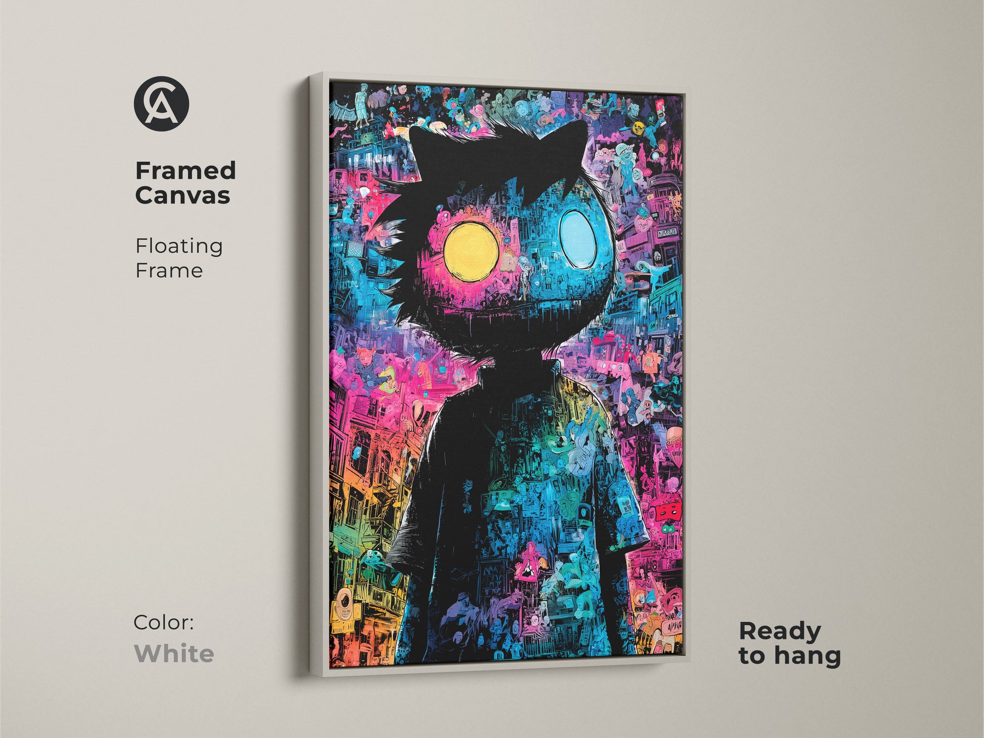 Framed canvas art showcasing a whimsical character with mismatched eyes. The floating frame in white enhances the artwork's appeal. It is ready to hang to bring playful sophistication to any room. A perfect piece for collectors.