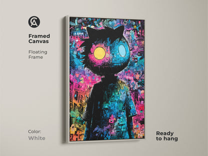 Framed canvas art showcasing a whimsical character with mismatched eyes. The floating frame in white enhances the artwork's appeal. It is ready to hang to bring playful sophistication to any room. A perfect piece for collectors.