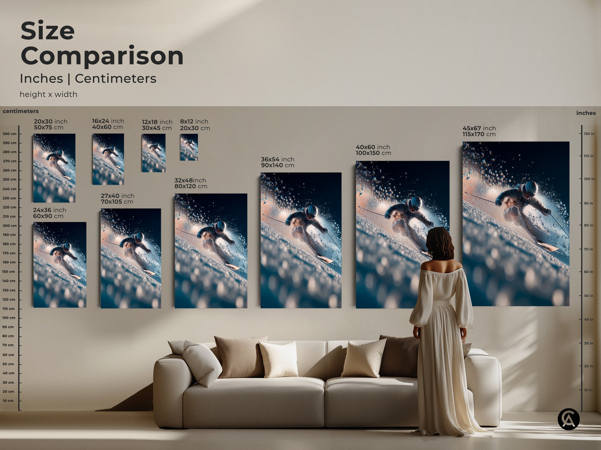 Size comparison of skier artwork. Displayed in inches and centimeters. Sizes range from small to large. Perfect for any living room or bedroom. Find the best fit for your home decor.