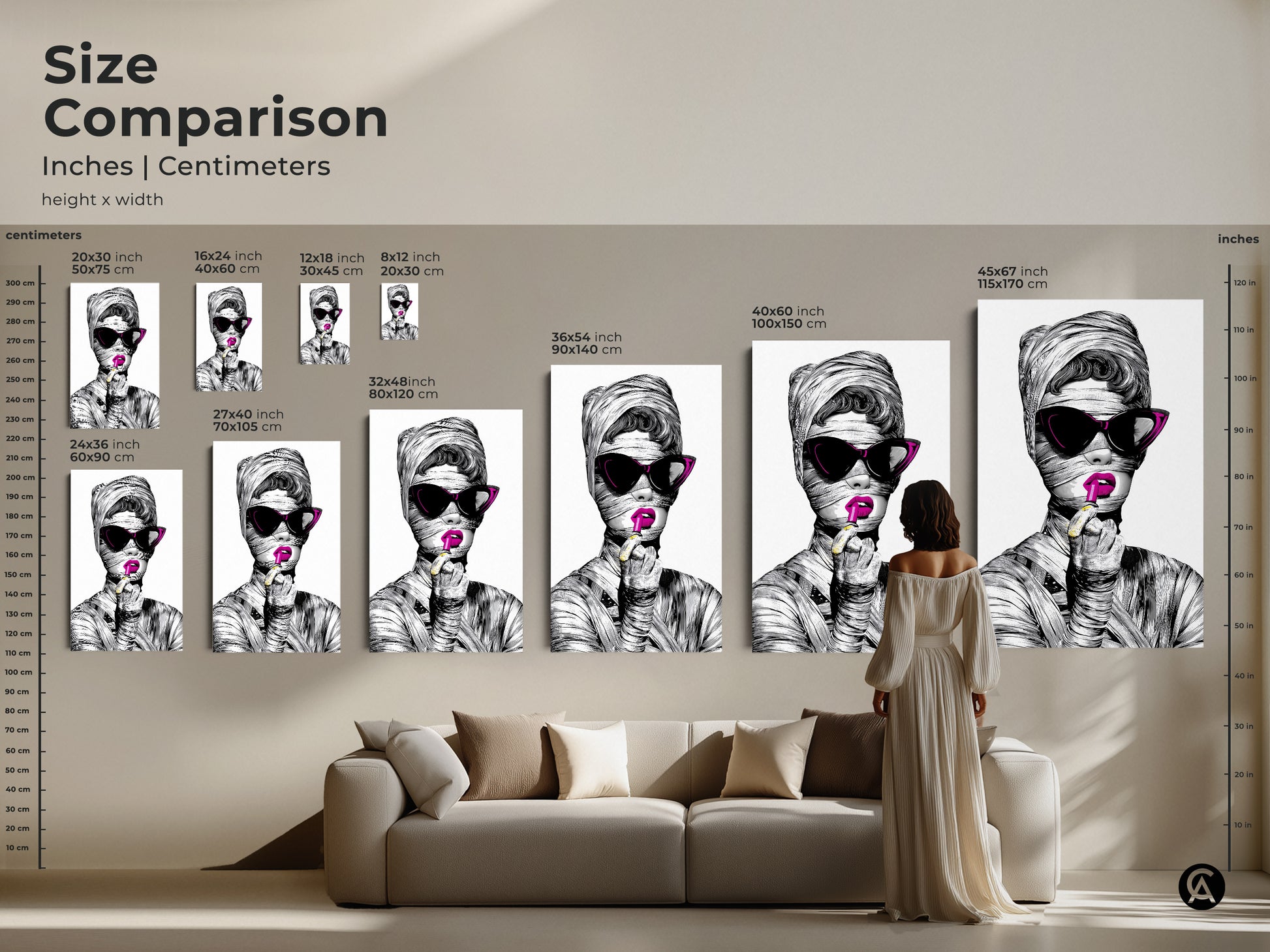 Size Comparison of the fashionable woman artwork in inches and centimeters. This pop art canvas print is shown in various sizes above a sofa. It's a perfect fit for any modern eclectic decor. Choose the ideal size for your space.