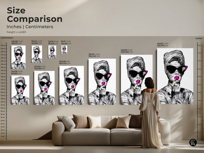 Size Comparison of the fashionable woman artwork in inches and centimeters. This pop art canvas print is shown in various sizes above a sofa. It's a perfect fit for any modern eclectic decor. Choose the ideal size for your space.