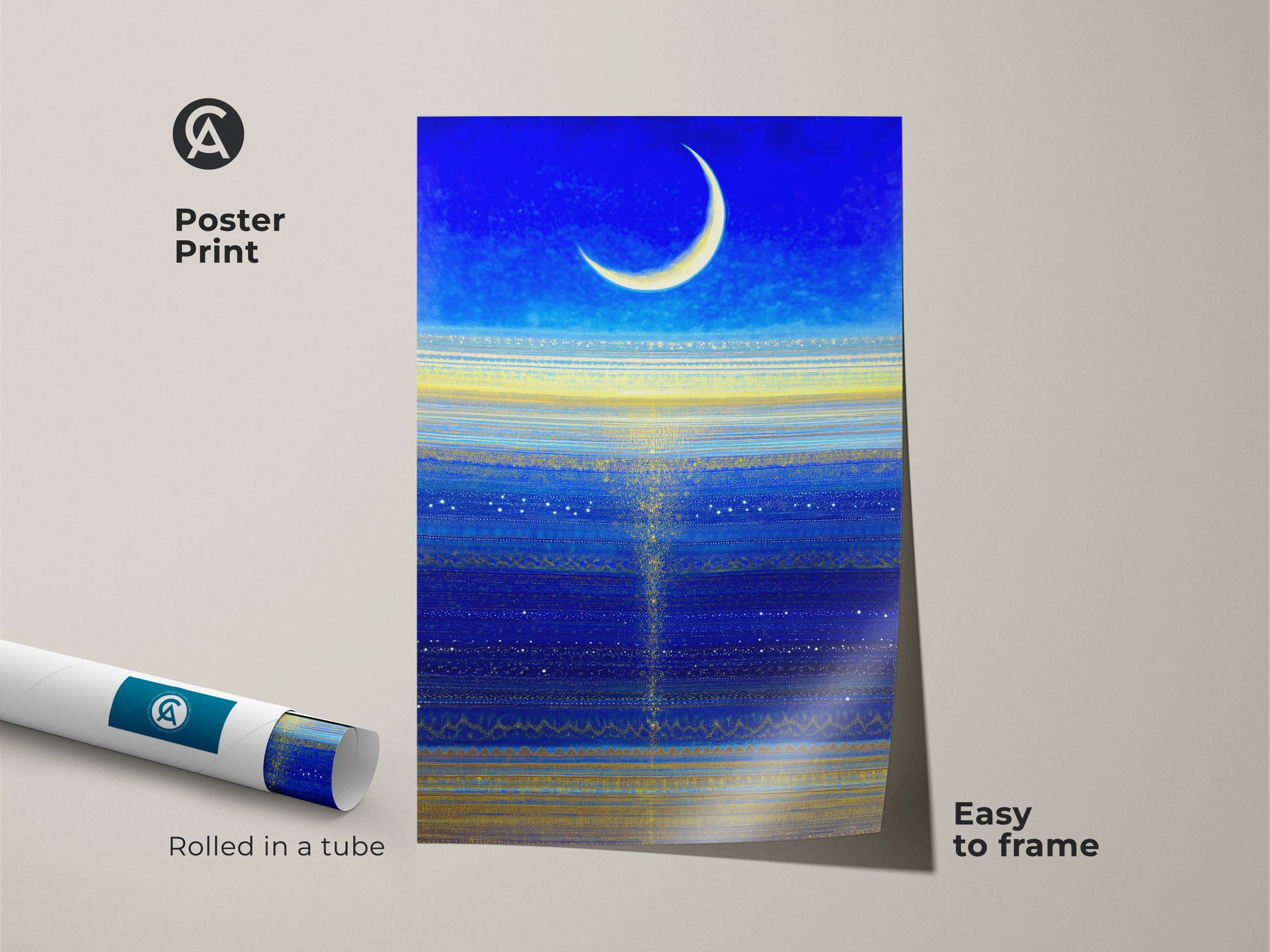 Poster print showcasing a deep blue abstract cosmic artwork. This night sky canvas print with a crescent moon is easy to frame. It's rolled in a tube for shipping.