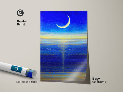 Poster print showcasing a deep blue abstract cosmic artwork. This night sky canvas print with a crescent moon is easy to frame. It's rolled in a tube for shipping.