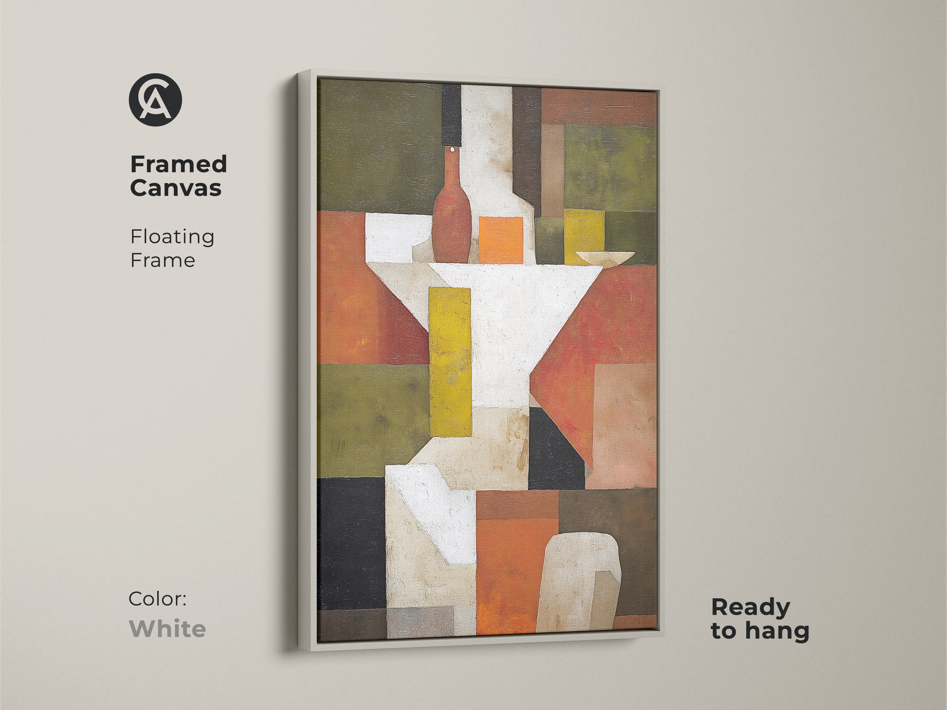 Add a touch of modern art with this framed canvas abstract still life. The white floating frame contrasts beautifully with the terracotta and olive green hues. This geometric artwork is ready to hang. It is perfect for any room.