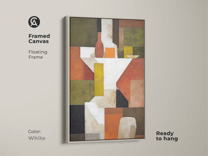 Add a touch of modern art with this framed canvas abstract still life. The white floating frame contrasts beautifully with the terracotta and olive green hues. This geometric artwork is ready to hang. It is perfect for any room.