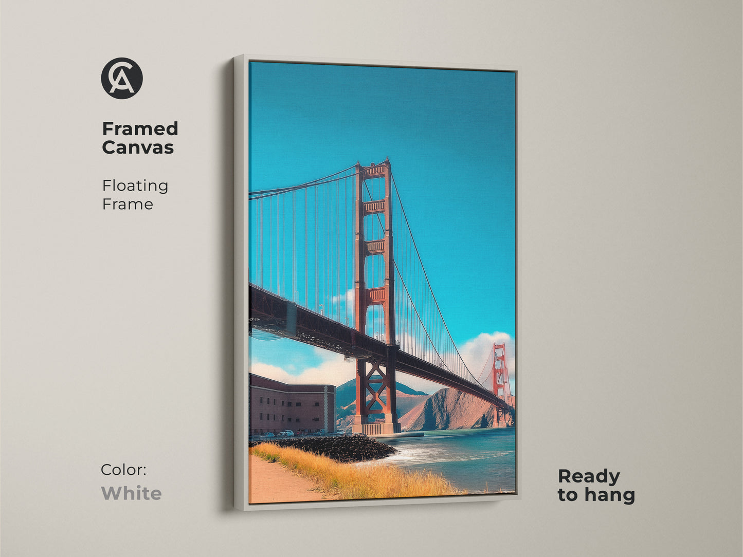 White framed canvas art of the Golden Gate Bridge. This floating frame enhances the contemporary city skyline. A beautiful ready-to-hang piece for modern home interiors.