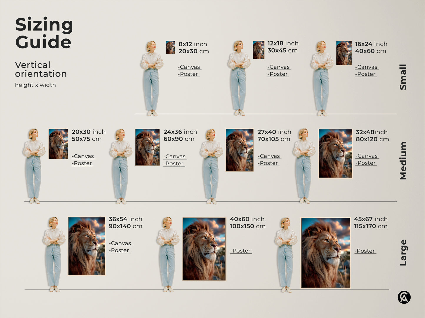 Sizing guide for vertical photorealistic lion canvas or poster prints. Ranging from small to large sizes these golden brown wildlife prints enhance any wall. Perfect for eclectic bedroom decor each piece of savanna animal artwork brings nature indoors. Different dimensions available.