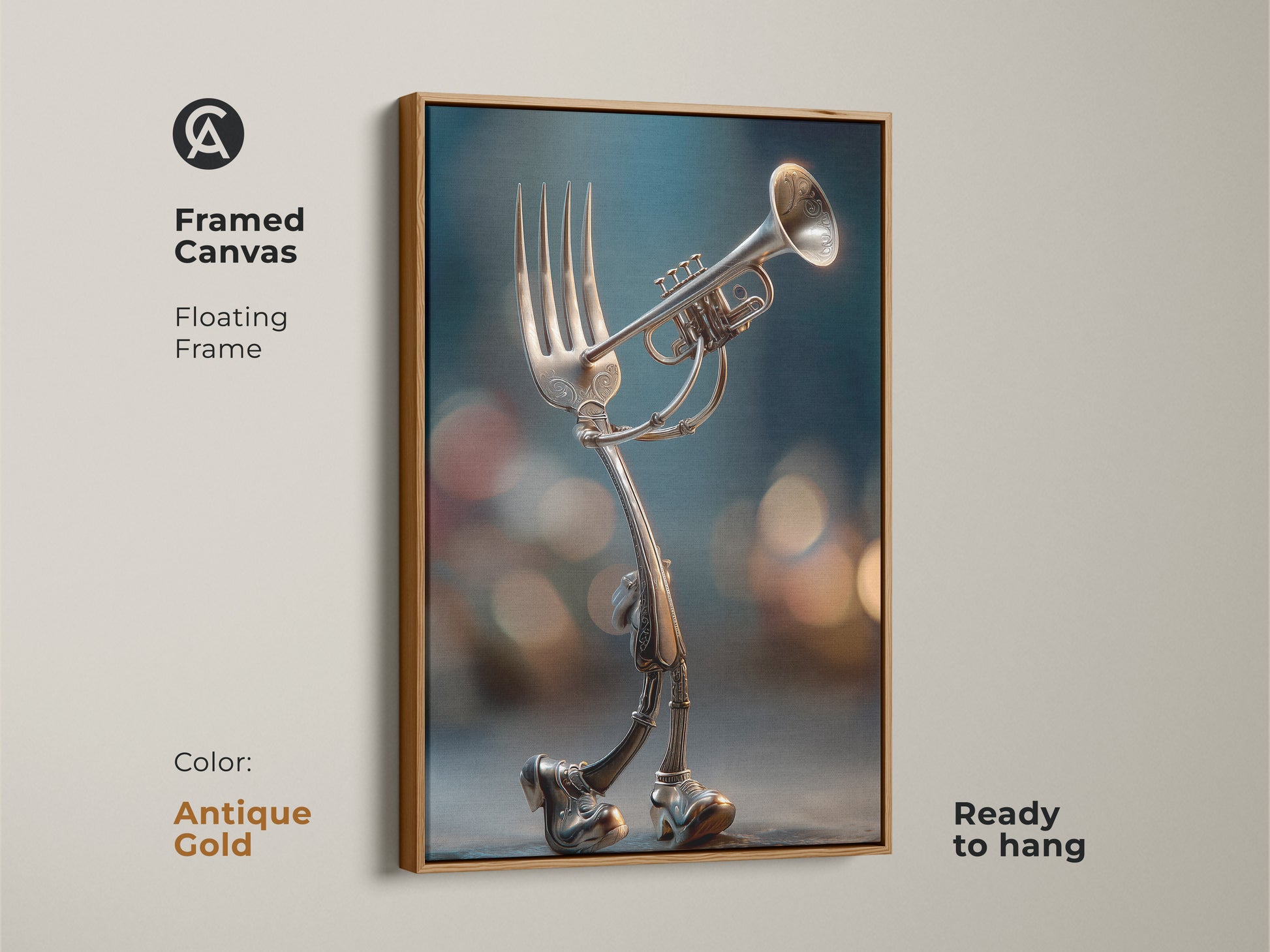 A framed canvas presents a fork playing a trumpet. The floating frame is in antique gold. Ready to hang and adds a touch of surreal elegance. Perfect for art lovers and music enthusiasts. Buy this artwork today.