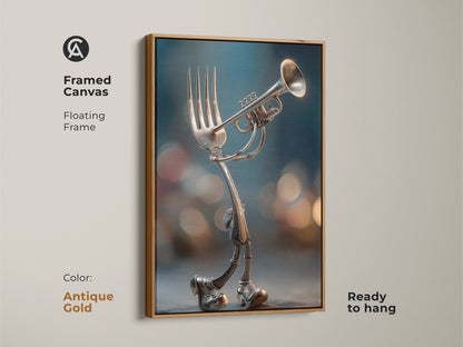 A framed canvas presents a fork playing a trumpet. The floating frame is in antique gold. Ready to hang and adds a touch of surreal elegance. Perfect for art lovers and music enthusiasts. Buy this artwork today.