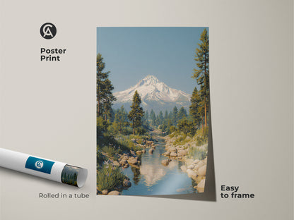 Poster print of a stunning mountain river artwork rolled in a tube. This snowy peak landscape art features rustic pine trees and a blue sky. Easy to frame this scenic nature scene is ideal for travel inspired art and national park art print fans.