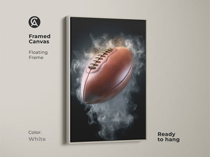 Framed canvas showcasing a modern football artwork with a white floating frame. This contemporary sports print is an ideal gift for sports fans. It complements both modern and masculine decor themes.