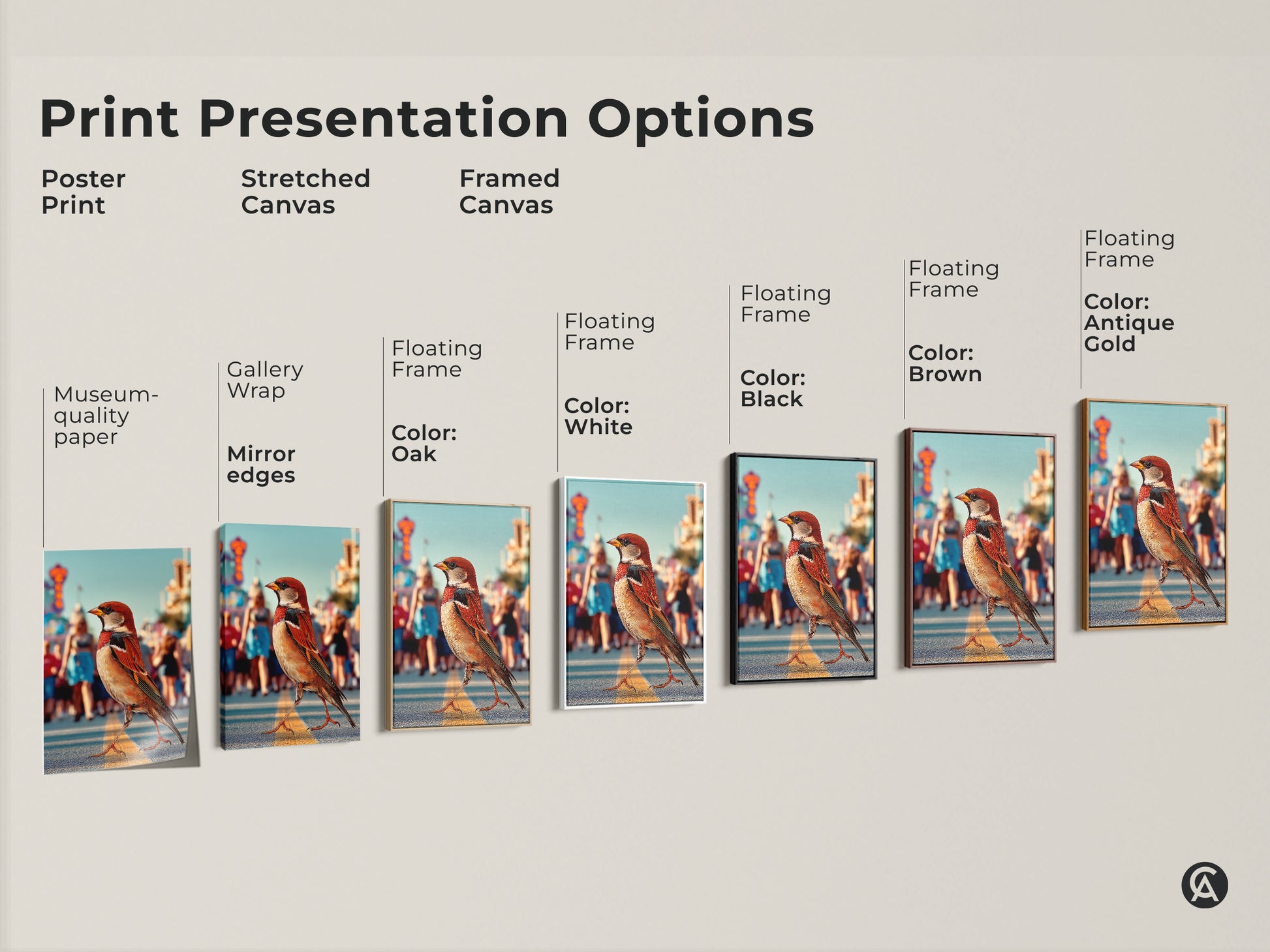 Explore print presentation options like poster prints stretched canvas & framed canvas. Showcasing the urban wildlife sparrow art in various frame colors. Find the perfect contemporary orange brown teal home decor to match your space and style.