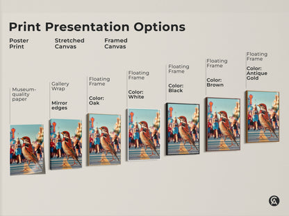 Explore print presentation options like poster prints stretched canvas & framed canvas. Showcasing the urban wildlife sparrow art in various frame colors. Find the perfect contemporary orange brown teal home decor to match your space and style.