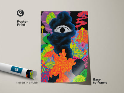 A rolled poster print of abstract eye wall art. The neon orange pops as a psychedelic art print. This dotted style artwork is easy to frame. It's perfect as unique wall hanging for a modern abstract canvas.