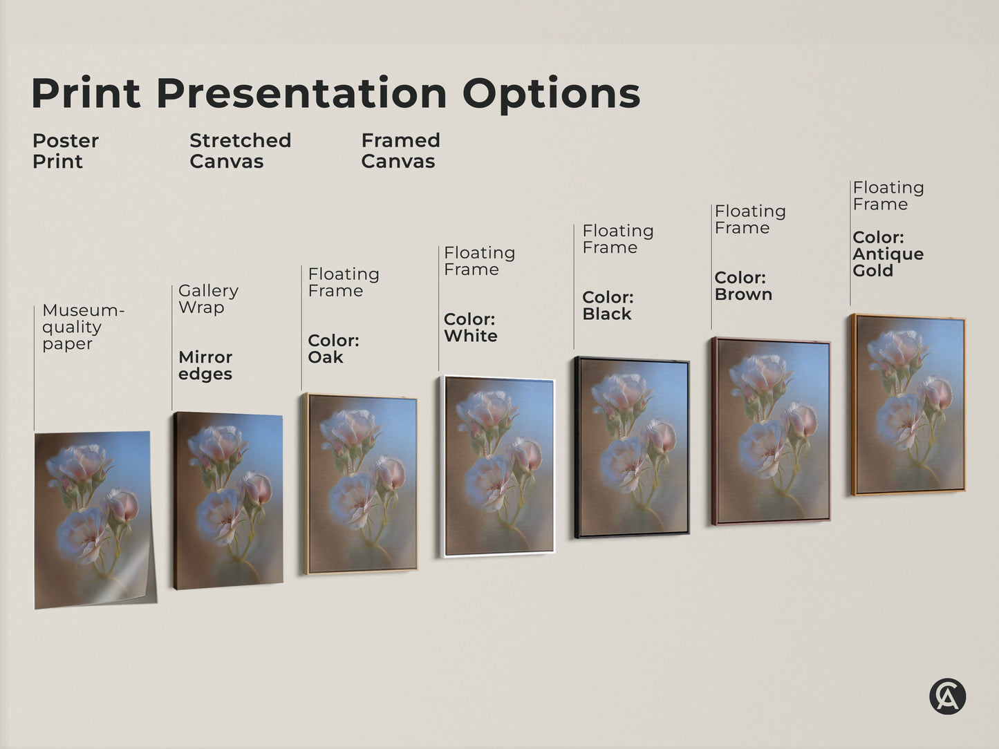 Print presentation options for botanical rose art. Choose from poster print stretched canvas or framed canvas. Floating frame colors include white black brown and antique gold. Each option highlights the soft focus floral art.