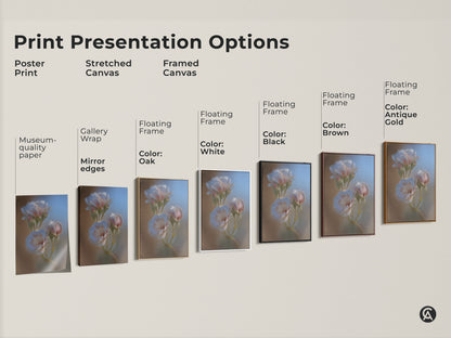 Print presentation options for botanical rose art. Choose from poster print stretched canvas or framed canvas. Floating frame colors include white black brown and antique gold. Each option highlights the soft focus floral art.