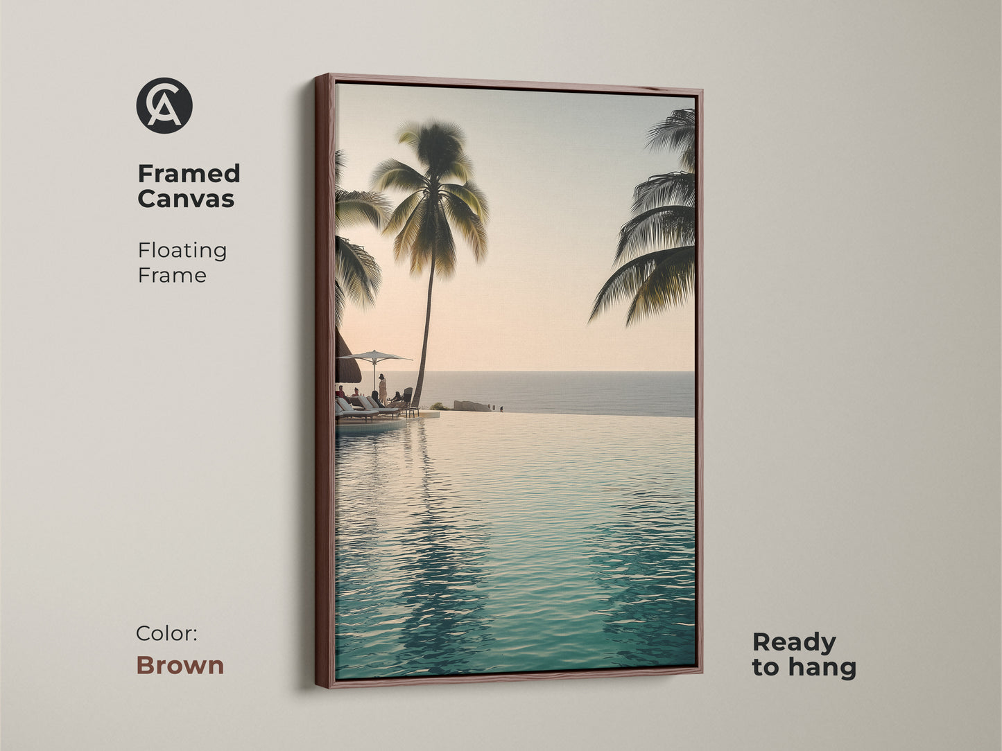 This framed canvas features an infinity pool with palm trees. A floating frame in brown makes it ready to hang. Enjoy a coastal ocean view with this tropical beach landscape artwork.
