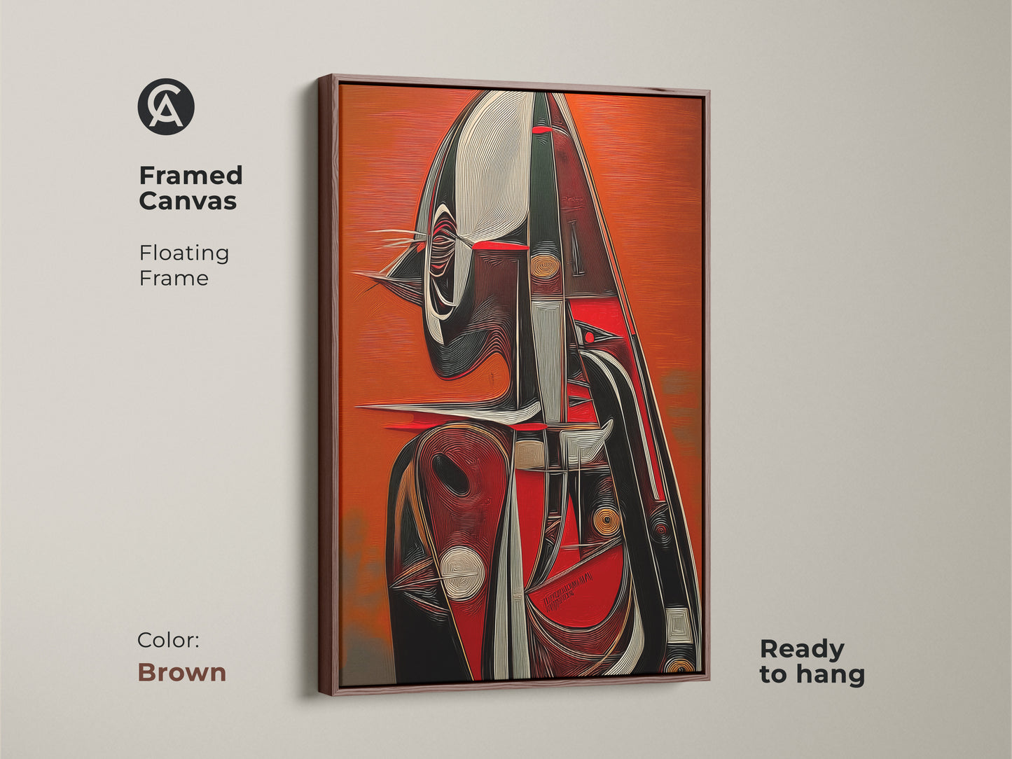 Brown framed canvas featuring abstract expressionism. The tangerine red contrasts against the modern brown floating frame. Ready to hang geometric figure art print. Shop now for unique eclectic decor.