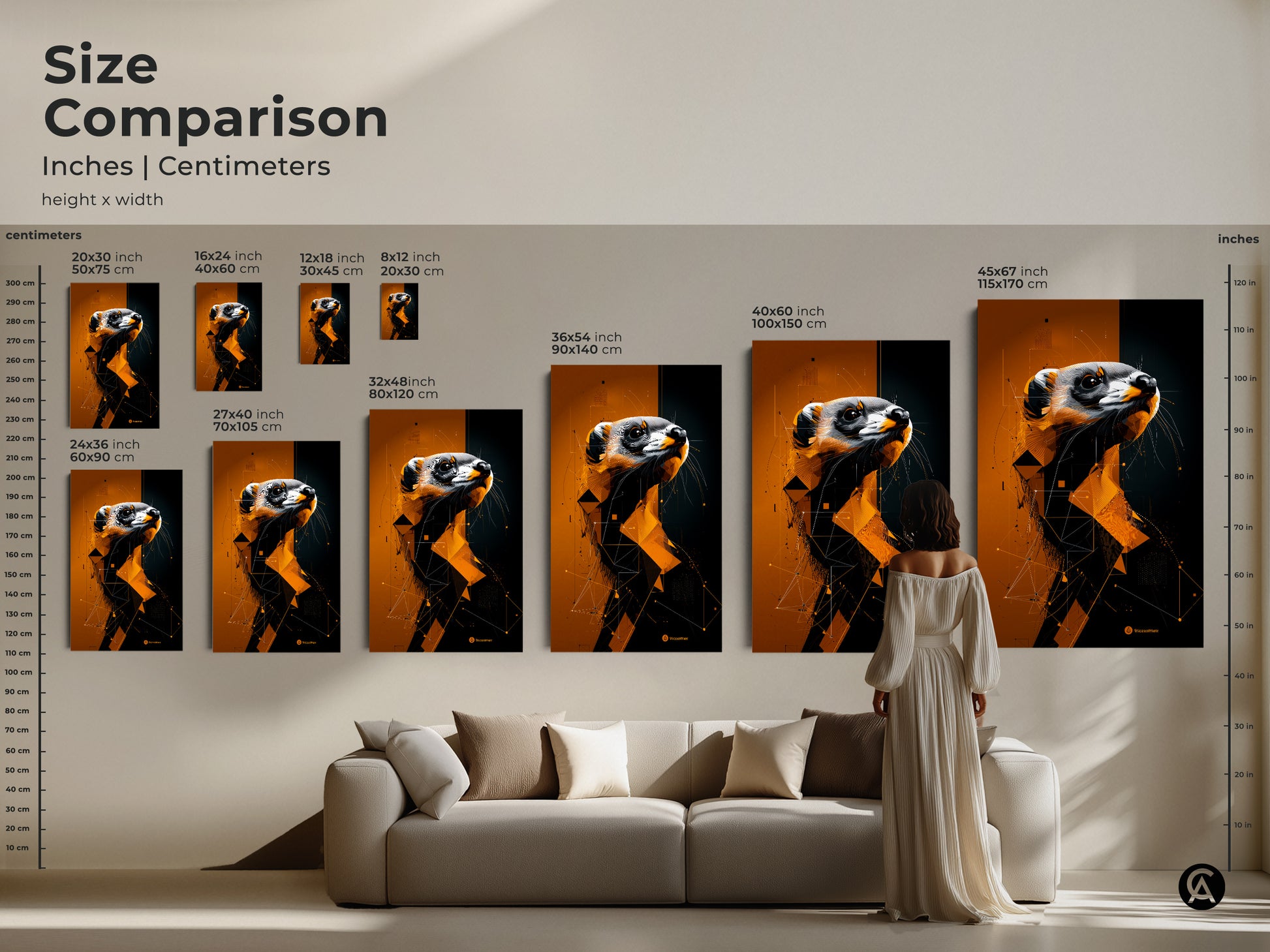 A size comparison showcases geometric ferret artwork in inches and centimeters. Perfect as a modern and unique gift for animal lovers or as abstract geometric painting wall decor.