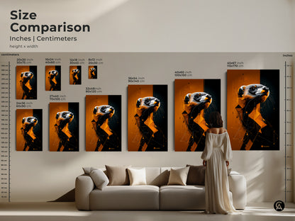A size comparison showcases geometric ferret artwork in inches and centimeters. Perfect as a modern and unique gift for animal lovers or as abstract geometric painting wall decor.