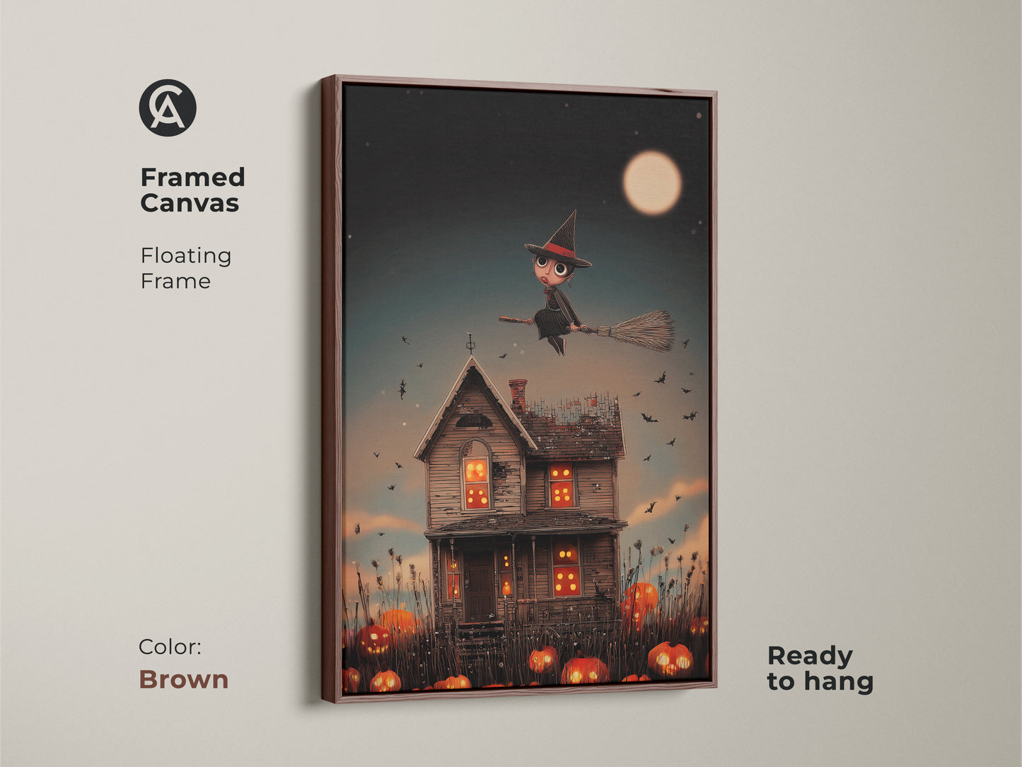 Framed canvas in brown shows a Halloween scene. The artwork depicts a cute witch flying over a haunted house with pumpkins. This ready-to-hang fantasy piece adds spooky charm. Perfect for kids' rooms and seasonal decor this brown framed canvas completes the look.