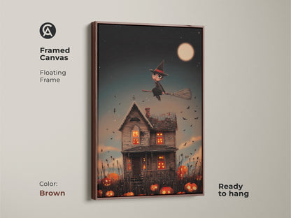 Framed canvas in brown shows a Halloween scene. The artwork depicts a cute witch flying over a haunted house with pumpkins. This ready-to-hang fantasy piece adds spooky charm. Perfect for kids' rooms and seasonal decor this brown framed canvas completes the look.