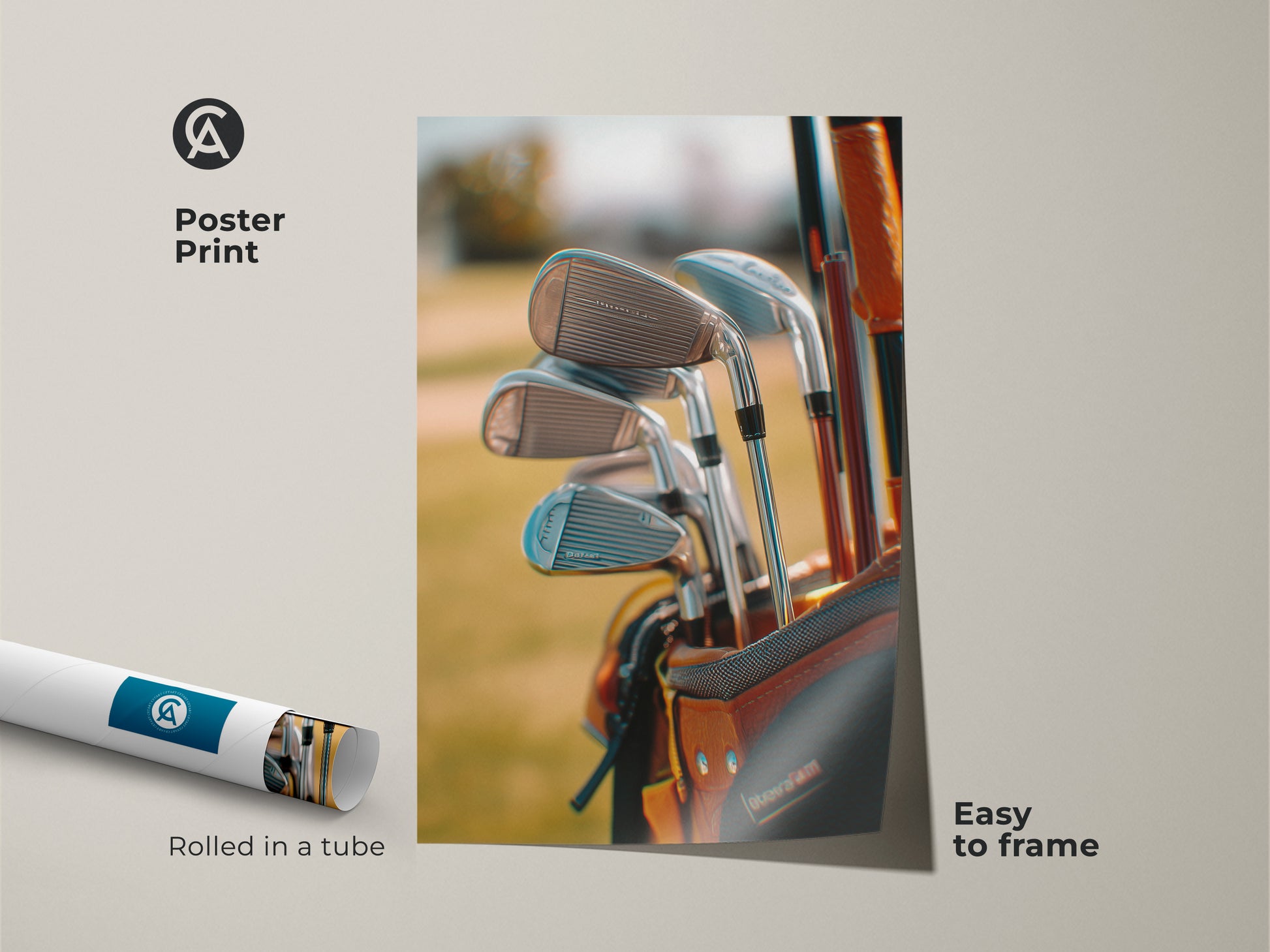 Poster print of golf equipment artwork. This is a detailed shot of golf clubs in a golf bag. The poster print is rolled in a tube. This golf art is easy to frame. Buy golf art today.