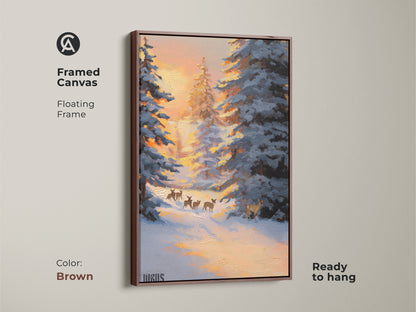 Framed canvas of deer in snowy forest wall art with a floating brown frame. This winter landscape canvas print is ready to hang. This rustic nature decor features a striking blue and orange palette. The peaceful forest scene art brings wildlife beauty into your home.