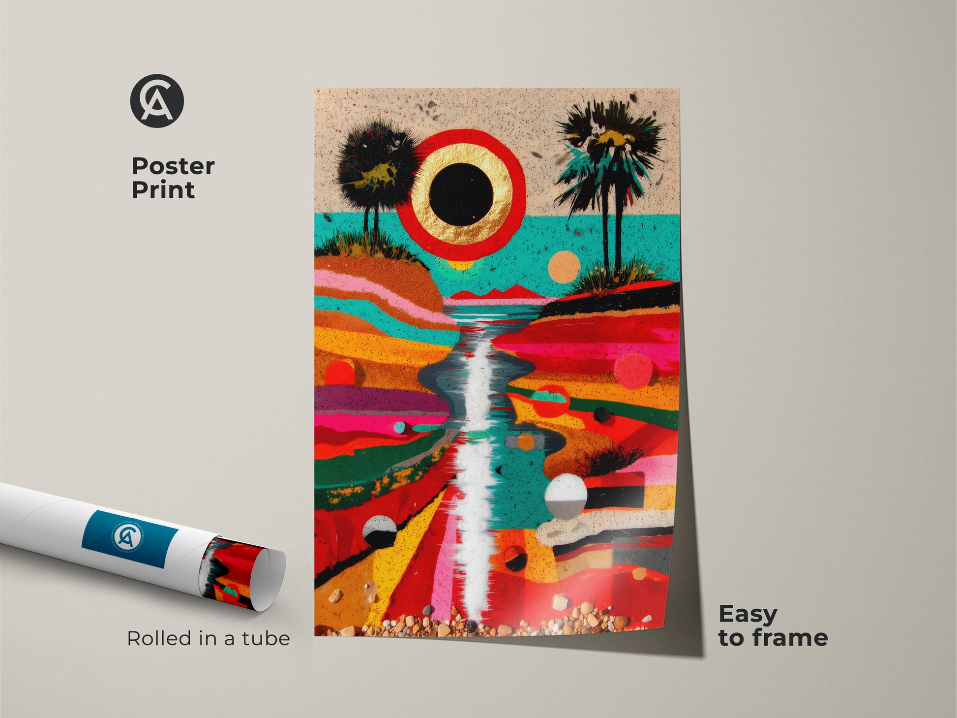 Poster print displays a vibrant boho palm tree canvas. The crimson gold teal artwork is easy to frame. Rolled in a tube this abstract sun art print offers a touch of modern art. It enhances your coastal abstract painting collection.