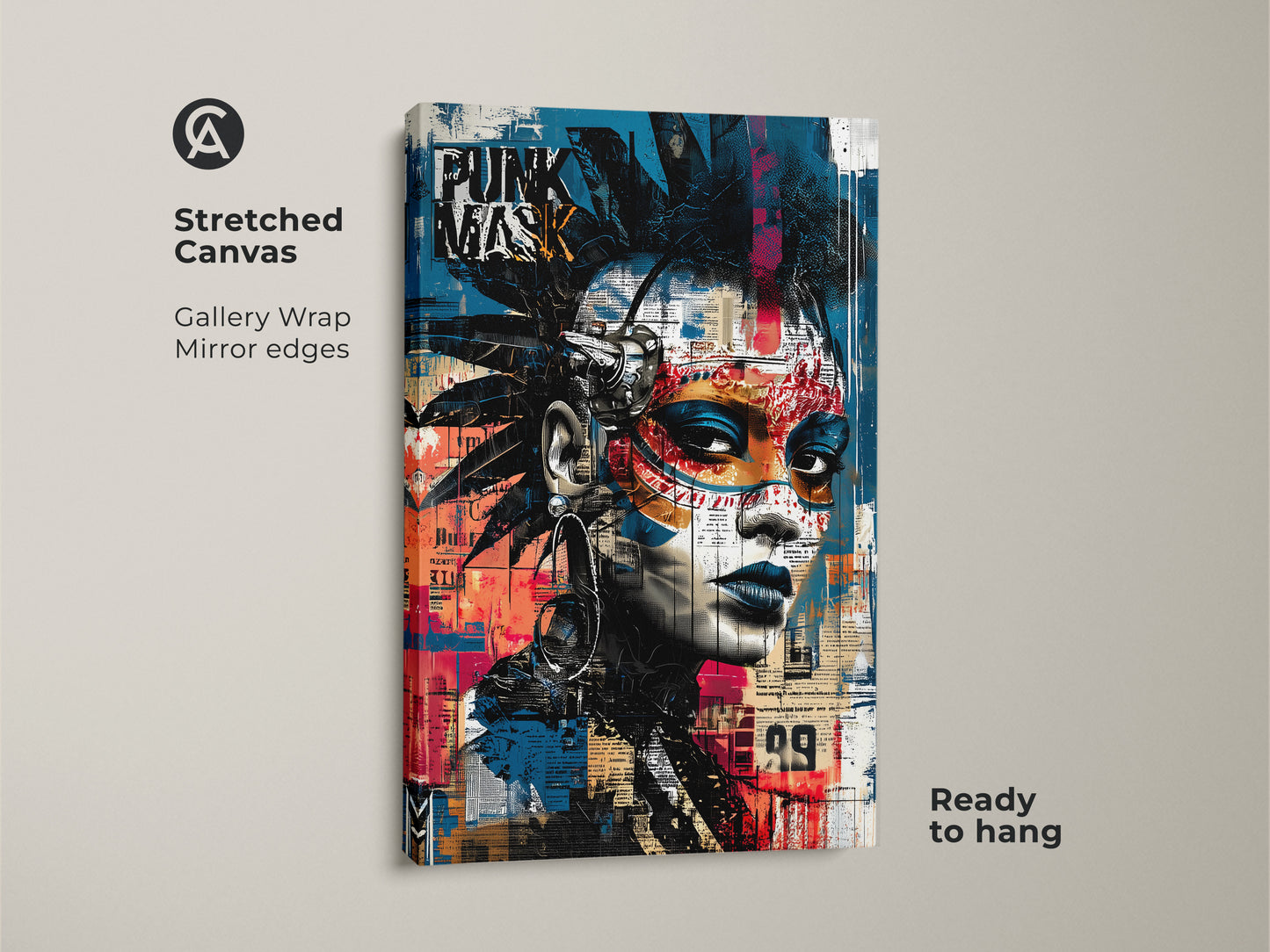 Stretched canvas showcasing a punk mask graffiti portrait. Gallery wrapped with mirror edges this urban street art canvas is ready to hang. The abstract face artwork features blue black and red colors. The eclectic decor piece is ideal for music lovers and fans of alternative art prints. Add an edgy touch to your space.