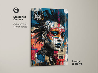 Stretched canvas showcasing a punk mask graffiti portrait. Gallery wrapped with mirror edges this urban street art canvas is ready to hang. The abstract face artwork features blue black and red colors. The eclectic decor piece is ideal for music lovers and fans of alternative art prints. Add an edgy touch to your space.
