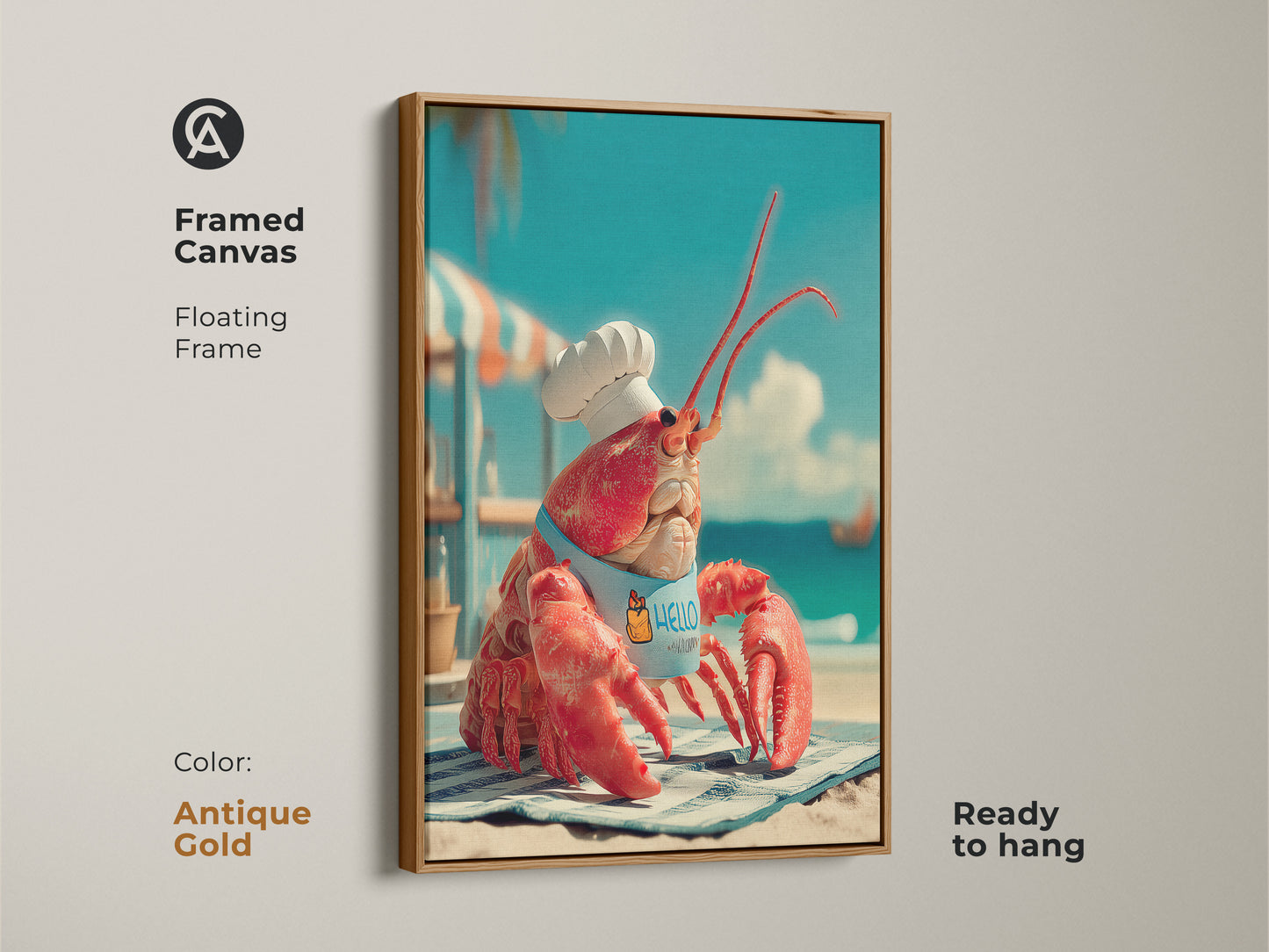 Antique gold framed canvas art featuring a lobster chef. This floating frame enhances the artwork of a lobster wearing a chef's hat and apron. Ready to hang this piece adds a fun nautical touch. The antique gold frame provides a vintage look.