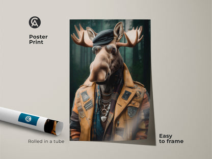 A poster print of the 'Dapper Moose' artwork. This surreal animal portrait arrives rolled in a tube. The eclectic wall art is easy to frame. The mustard yellow and forest green decor is distinctive.