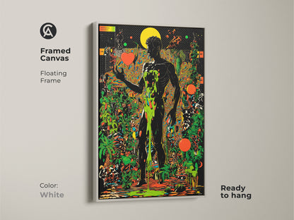 Framed canvas featuring a psychedelic botanical wall artwork. The trippy figurative art displays a surreal man print in a white floating frame. Abstract art in black orange and green is ready to hang. Ideal for eclectic home decor.