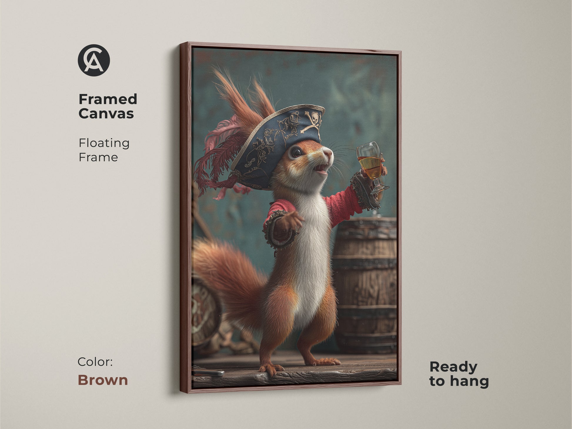 Add a touch of warmth to your space with this framed canvas art of a pirate squirrel. The whimsical poster comes with a floating brown frame and is ready to hang. This eclectic animal wall decor adds a touch of fantasy to any space. It is a great gift for rum enthusiasts and quirky art collectors.