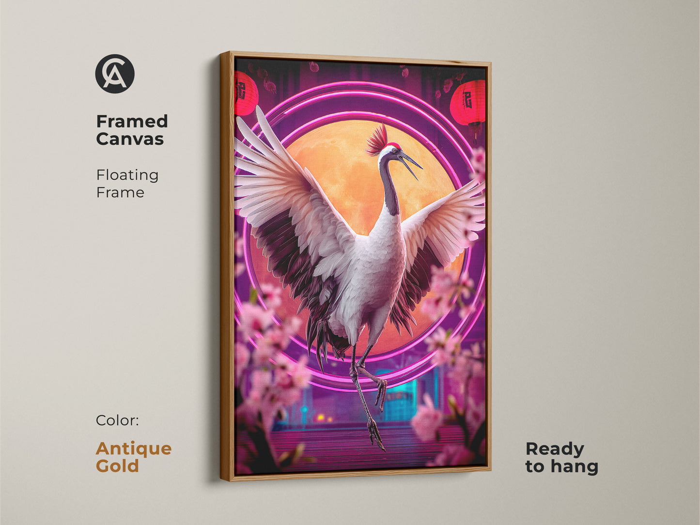 The red crowned crane print is showcased in a framed canvas with a brown floating frame. The animal nature wall art features a neon circle and cherry blossoms. It's a great New Year gift and is ready to hang. This Japanese culture art will bring eclectic style.