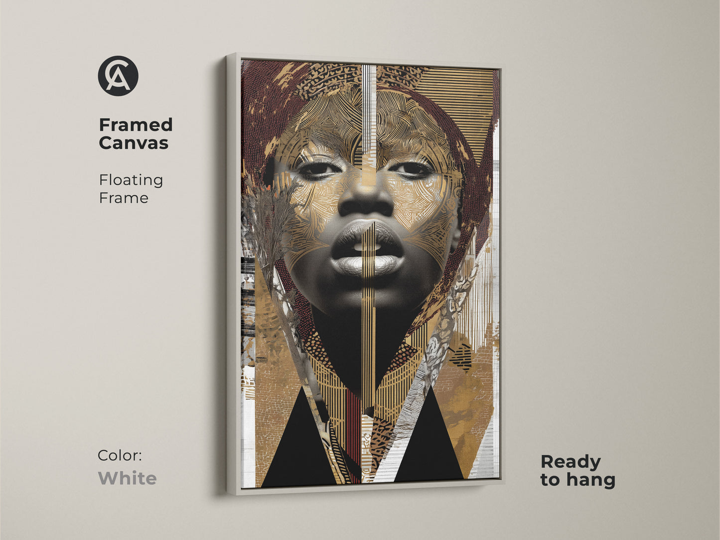 Framed canvas featuring an abstract woman portrait. This white tribal art print is modern eclectic wall art. It is ready to hang and has a floating frame for sophisticated look.