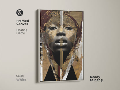 Framed canvas featuring an abstract woman portrait. This white tribal art print is modern eclectic wall art. It is ready to hang and has a floating frame for sophisticated look.