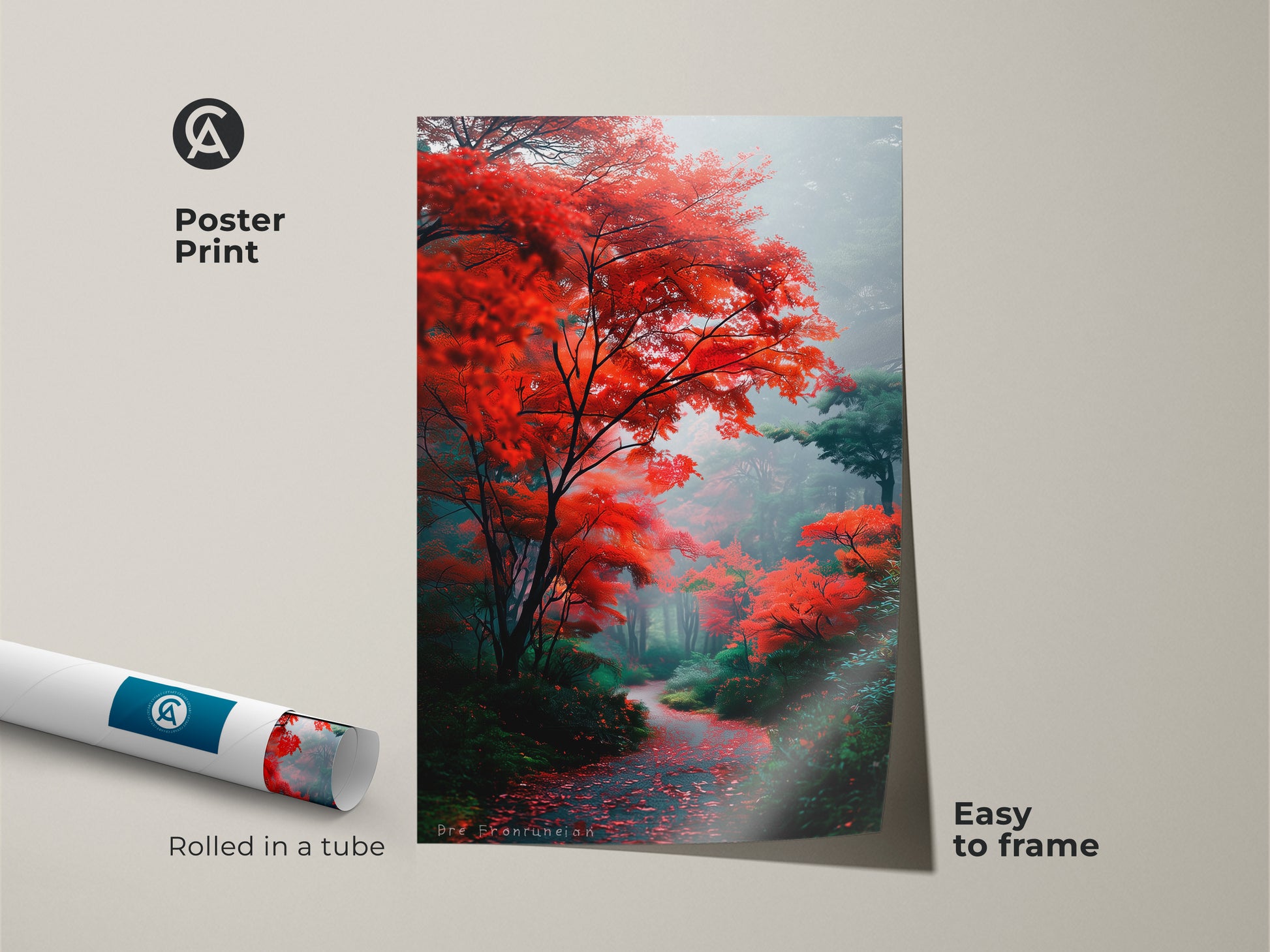 Bring the beauty of nature indoors with this poster print. The artwork showcases a vibrant autumn forest path. The print is easy to frame and adds a touch of elegance to any space. Rolled in a tube for safe delivery and pristine condition.