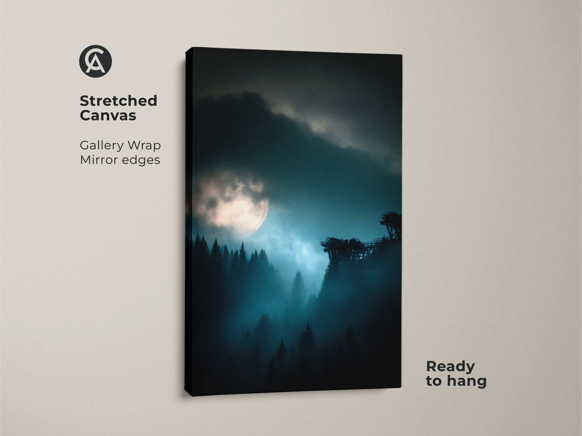Stretched canvas gallery wrap featuring a deep blue moonlit forest. This misty night landscape wall art is ready to hang. It showcases an atmospheric forest scene. Ideal bedroom decor for those who love moon forests. The modern blue teal nature art creates a calming atmosphere.