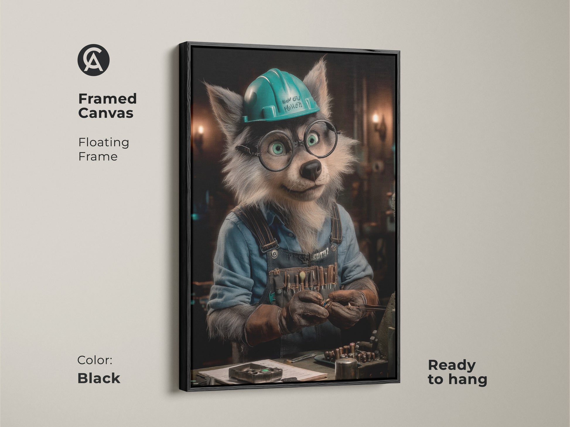 Framed wolf mechanic canvas art with brown floating frame. The artwork portrays a funny wolf character in a teal hard hat. The piece is ready to hang and brings humor to any space. It's ideal for eclectic home decor.