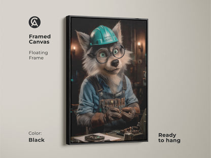 Framed wolf mechanic canvas art with brown floating frame. The artwork portrays a funny wolf character in a teal hard hat. The piece is ready to hang and brings humor to any space. It's ideal for eclectic home decor.
