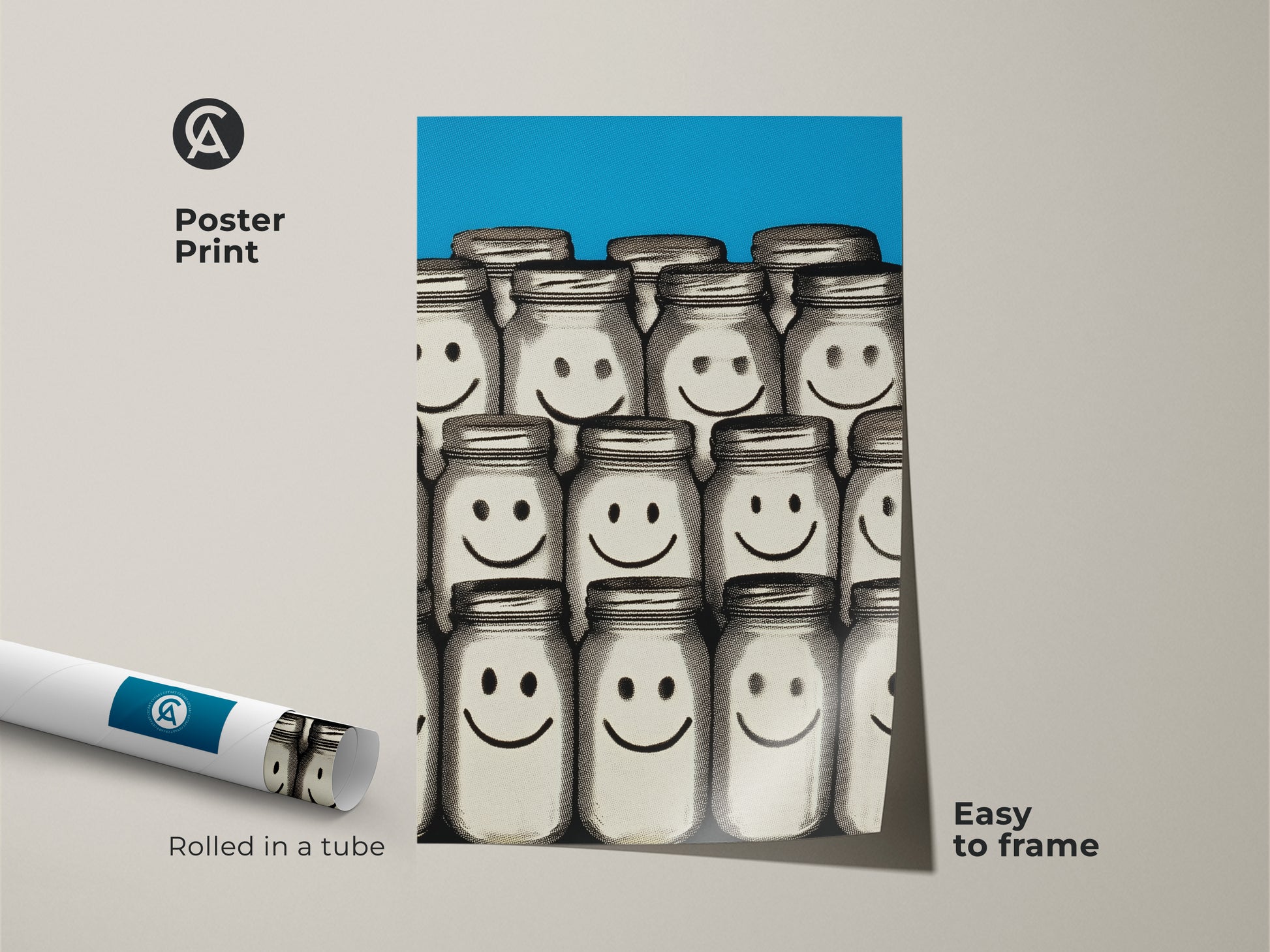 Poster Print of Smiley Face Jar artwork rolled in a tube. This retro pop art canvas print is easy to frame. Its blue abstract style makes it a standout piece for any modern space. A playful home decor gift that adds a touch of fun to your living room or office.