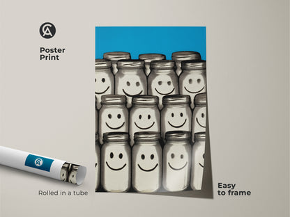 Poster Print of Smiley Face Jar artwork rolled in a tube. This retro pop art canvas print is easy to frame. Its blue abstract style makes it a standout piece for any modern space. A playful home decor gift that adds a touch of fun to your living room or office.