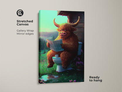 Stretched canvas art shows a whimsical Highland cow on a toilet reading news. The gallery-wrapped canvas adds a fun eclectic touch. This humorous animal print is ready to hang. It enhances bathroom decor or any space.