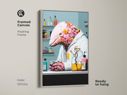 Print presentation options featuring a surreal dolphin scientist art. The options include poster print stretched canvas and framed canvas. Frame colors include Oak White Black Brown and Antique Gold. Each makes a unique gift for scientist