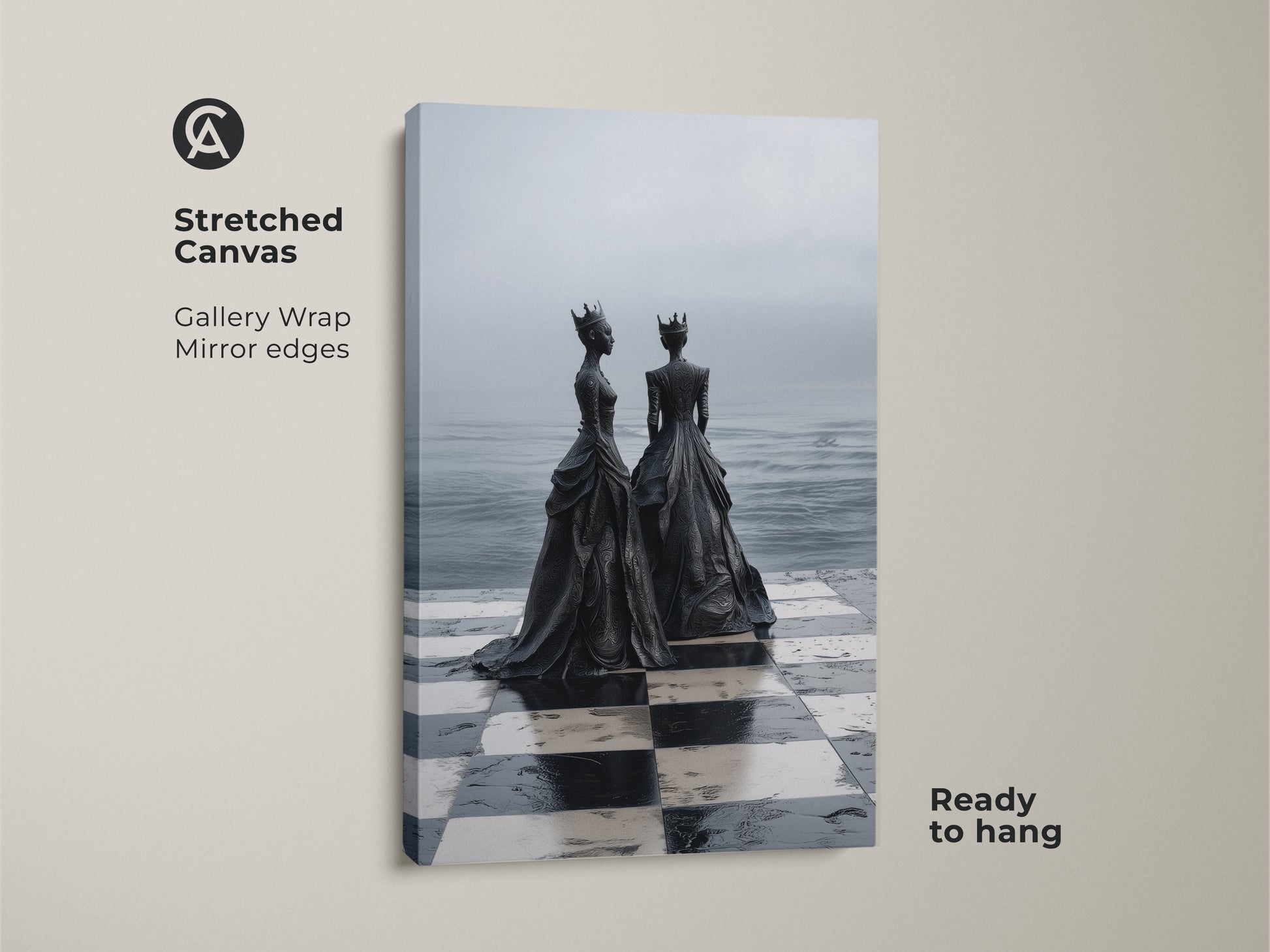Stretched Canvas Print of a surreal monochrome chess queen artwork. This black and white chess art has gallery wrap mirror edges and is ready to hang. An ideal eclectic bedroom wall decor.