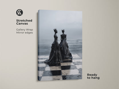 Stretched Canvas Print of a surreal monochrome chess queen artwork. This black and white chess art has gallery wrap mirror edges and is ready to hang. An ideal eclectic bedroom wall decor.