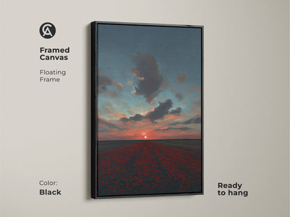 This framed canvas features a poppy field sunset with crimson sky and teal accents. The black floating frame adds a touch of modern farmhouse art to this contemporary landscape. Ready to hang this scenic sunset artwork brings a peaceful vibe to your living space.